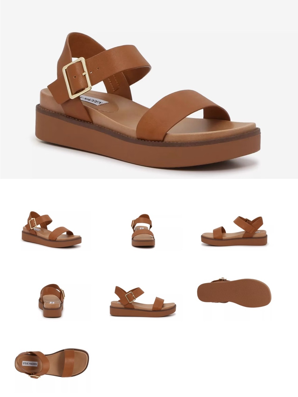 Steve Madden Rileey Cognac Leather Platform Sandals with Gold Buckle, 8